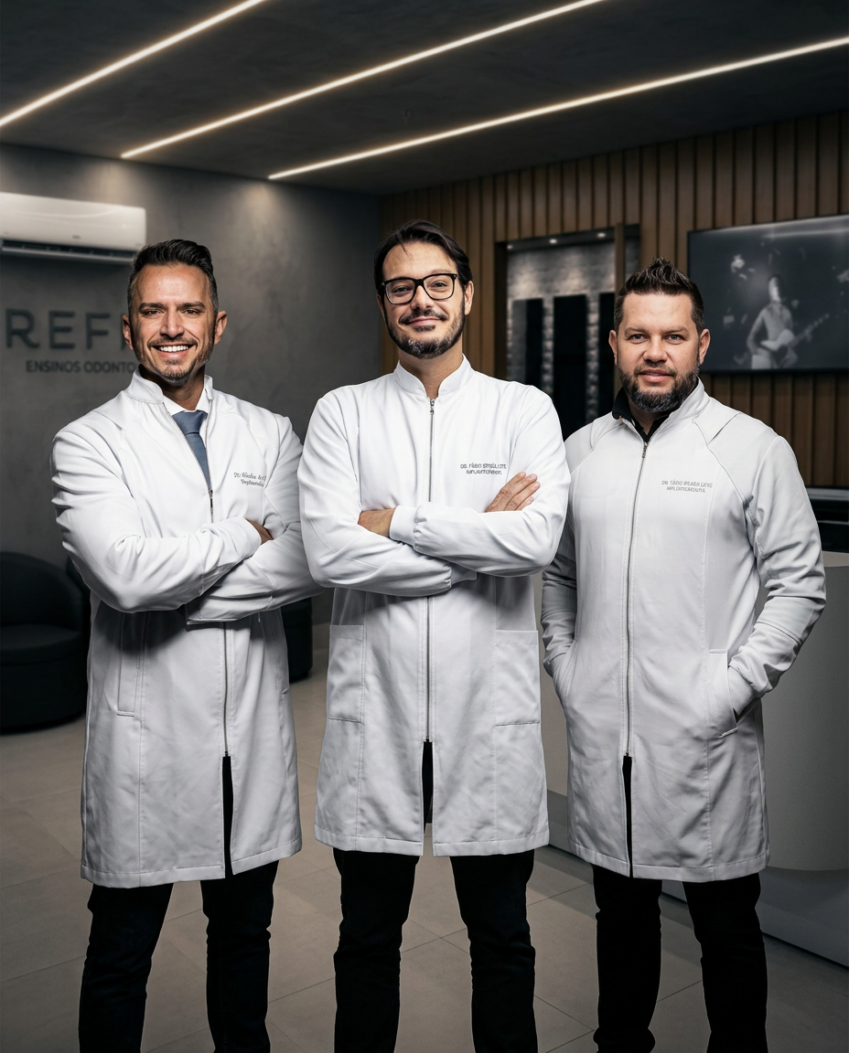 Dr. Thales de Castro, Dr. Adriano Rocha e Dr. Fábio Braga na recepção da Refine Ensinos Odontológicos, em Brasília