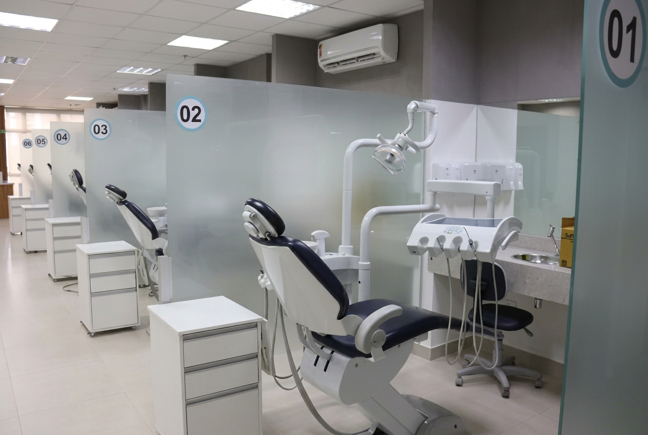 Clínica-escola com boxes odontológicos numerados